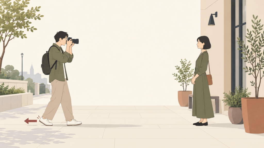 友人から距離を取って撮り直す撮影者のイラスト
