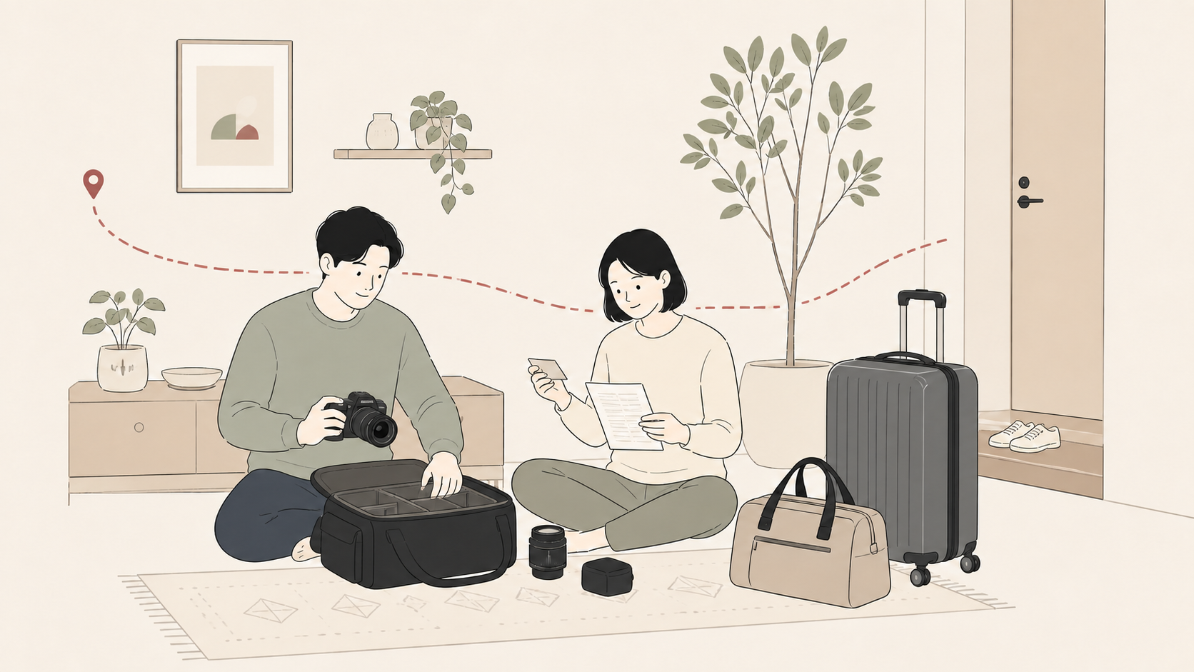 旅行前にカメラと保険の条件を確認する夫婦