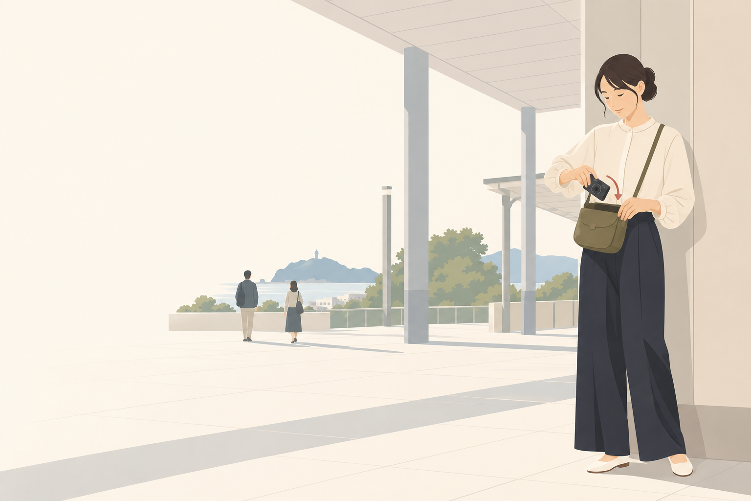 旅先でコンデジを小さなバッグへしまう人