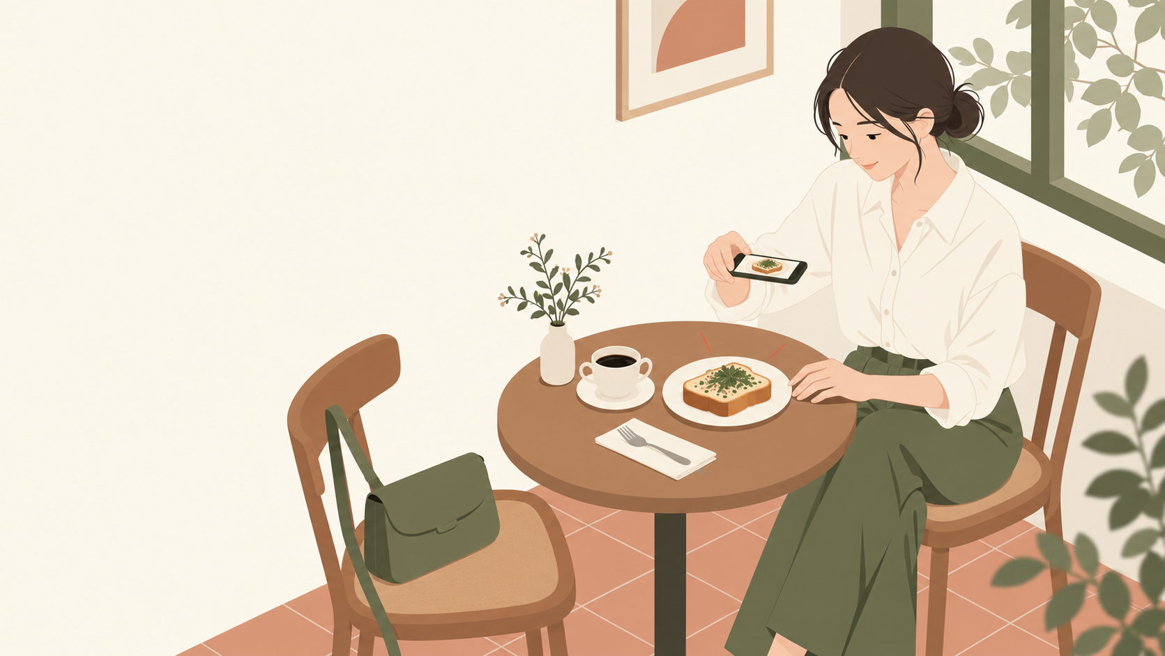 カフェで自分の料理をスマホで短く撮影する様子