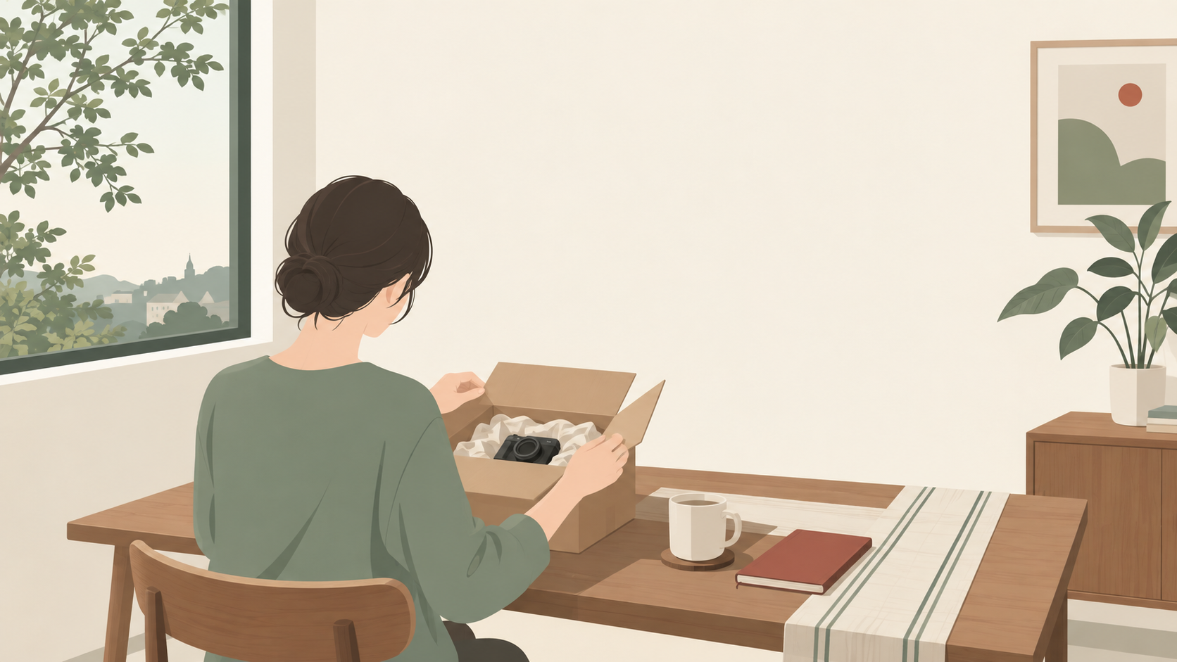 届いたカメラの箱を自宅で開ける人