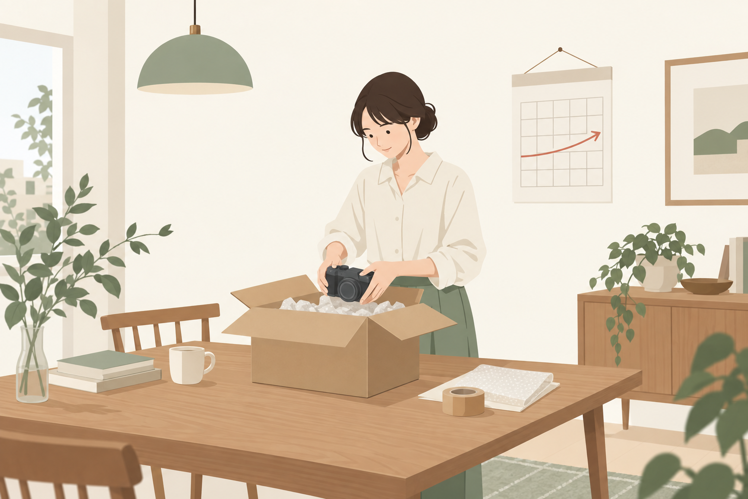 カメラを緩衝材のある箱に収めて返却の準備をする人