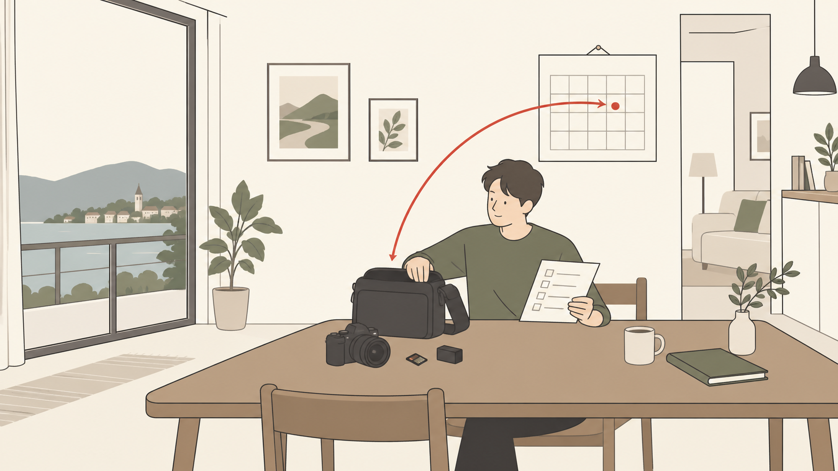 出発前に記録カードと電池と返却予定を確認するイラスト