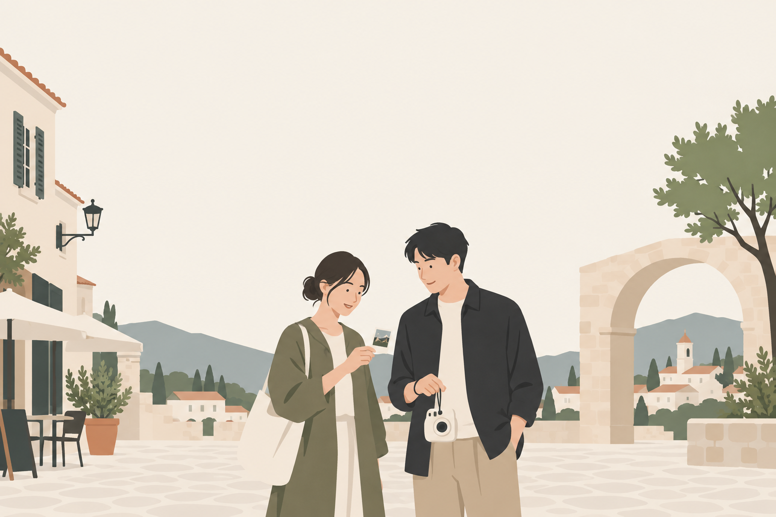 旅行先でインスタント写真を見せ合う友人とチェキ
