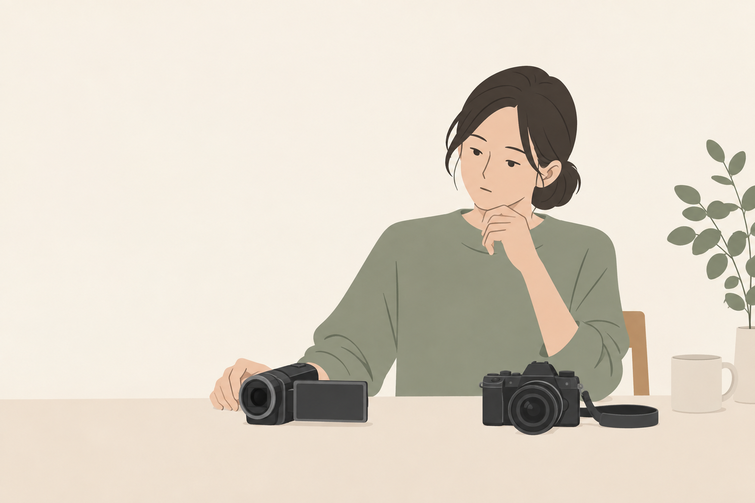 ビデオカメラと写真用カメラを用途に合わせて選ぶ人のイラスト