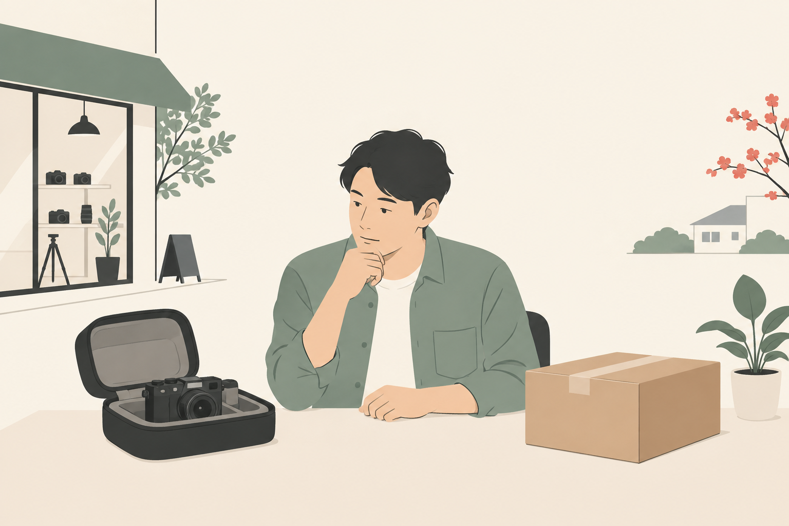 店頭受取のカメラと宅配箱を見比べる人のイラスト