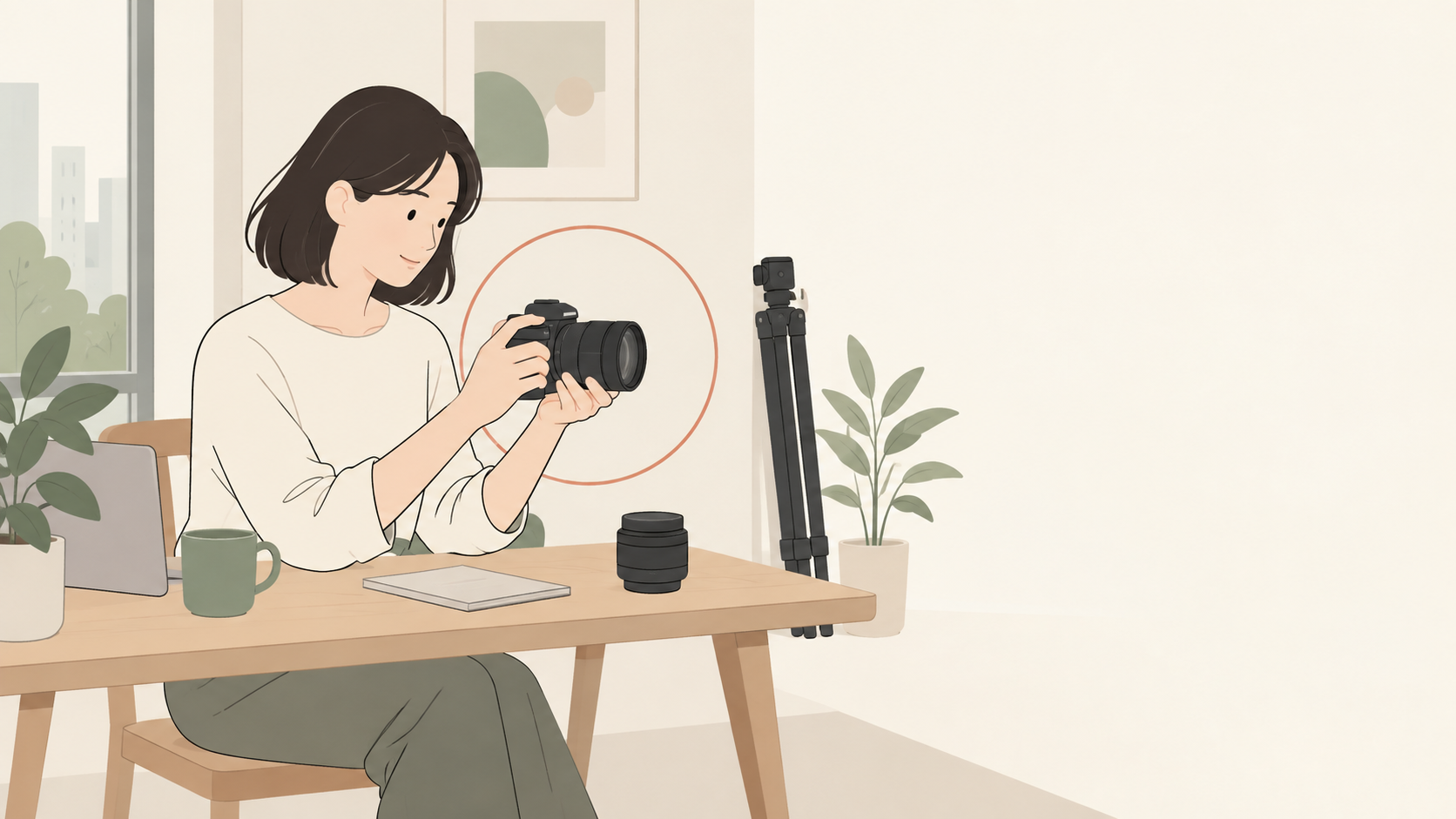 カメラとレンズの組み合わせを自宅で確認するイラスト