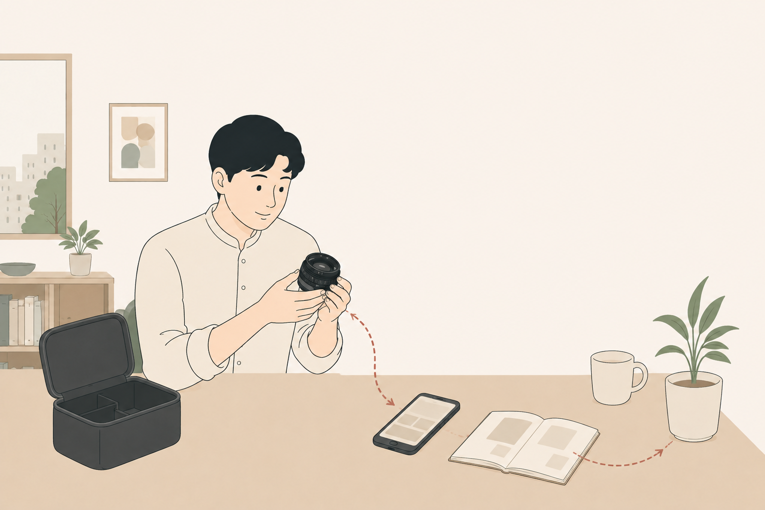 オールドレンズを手に取りレンタル先を比較する様子