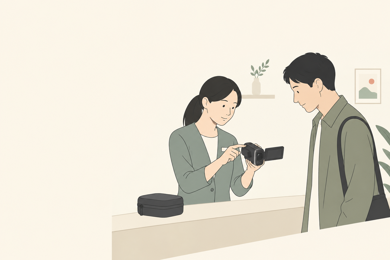 窓口でビデオカメラの操作を確認する利用者のイラスト