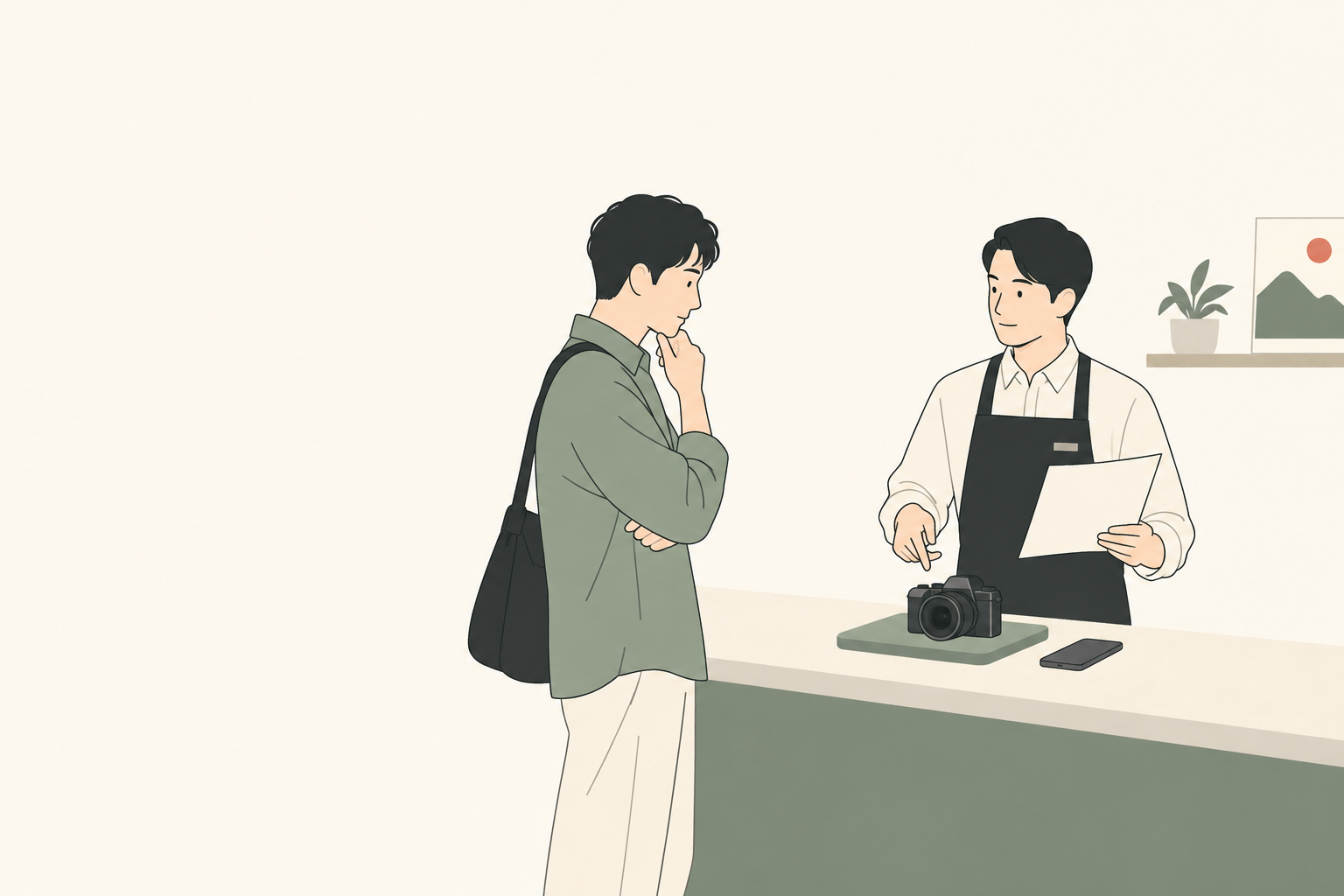 店頭でカメラのお試し利用と貸出手続きを確認する人のイラスト