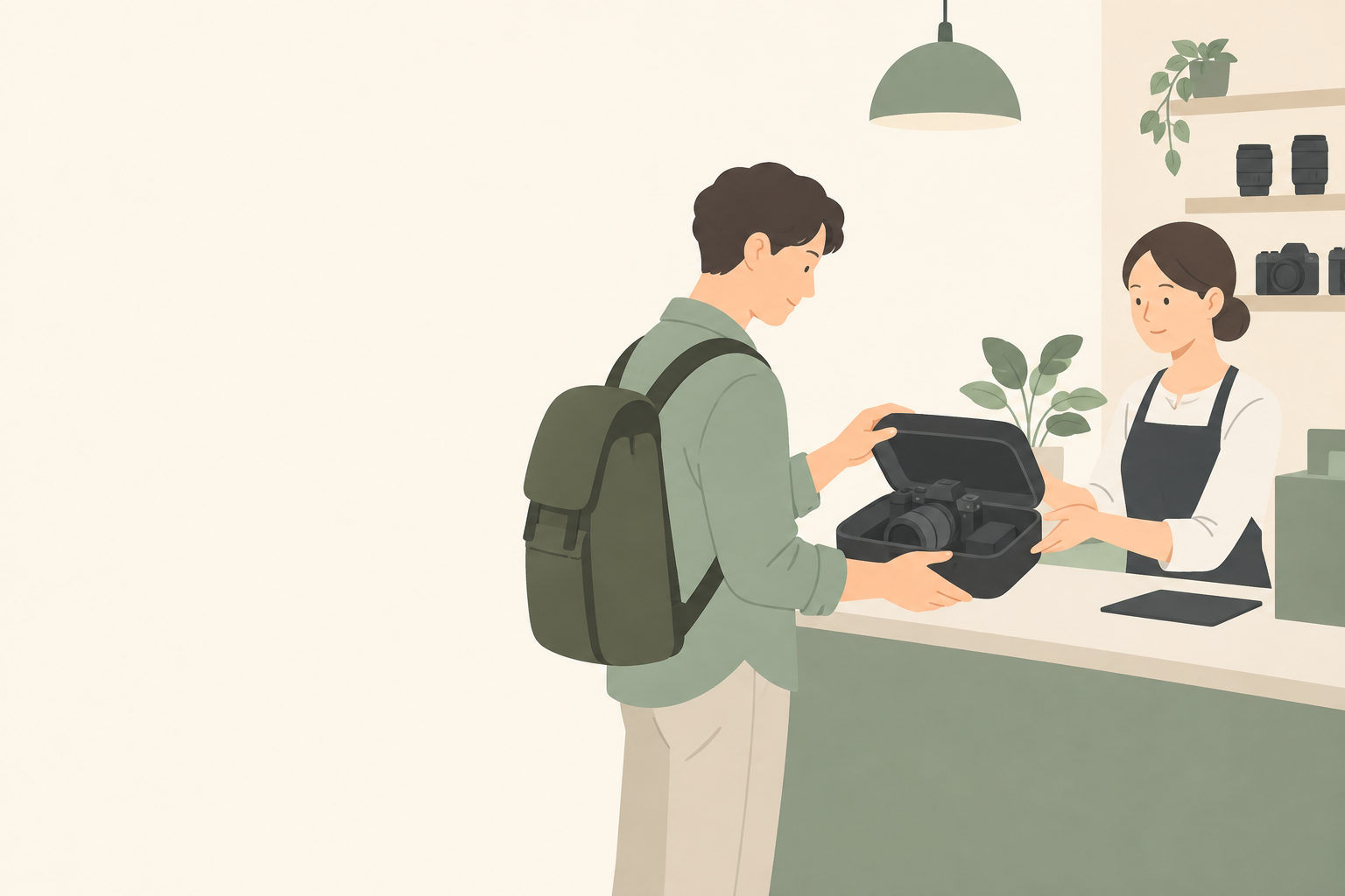都市のレンタル窓口で予約したカメラを受け取る人のイラスト