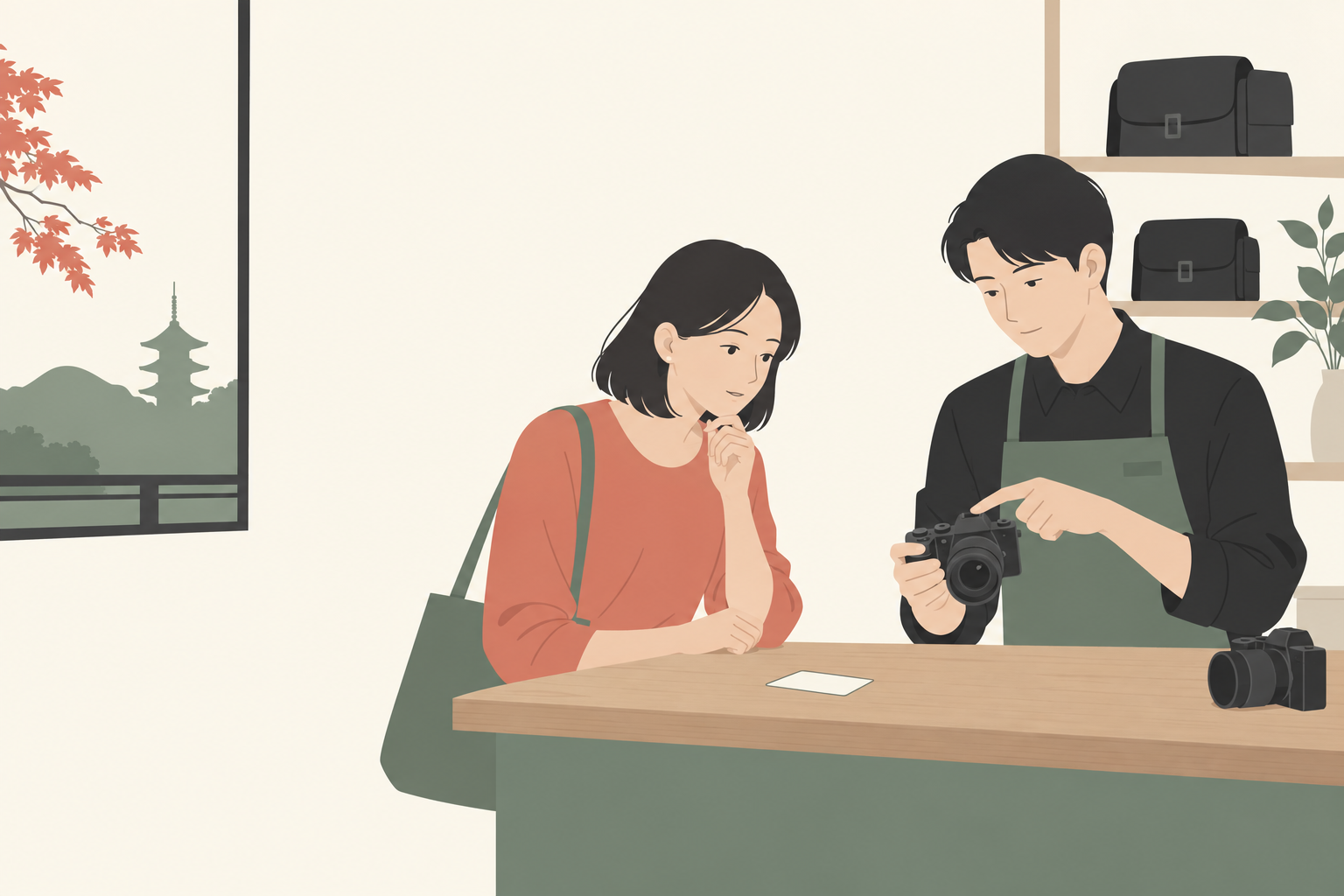 窓口で本人確認とカメラの使い方を確認する人のイラスト