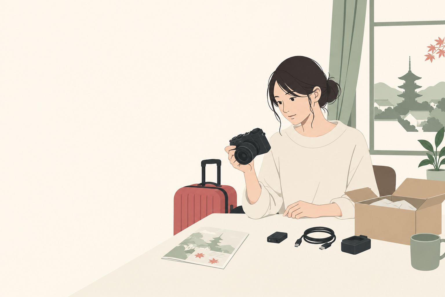 旅行バッグの横で届いたカメラと付属品を確認する人のイラスト