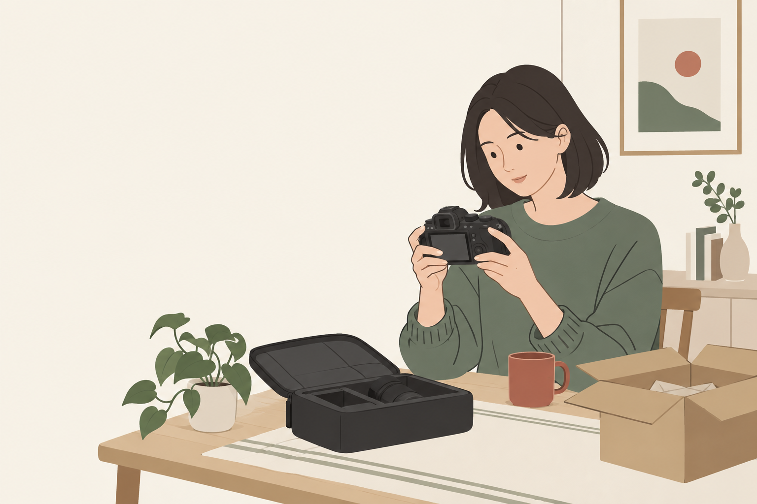 自宅に届いたカメラを動作確認する人のイラスト