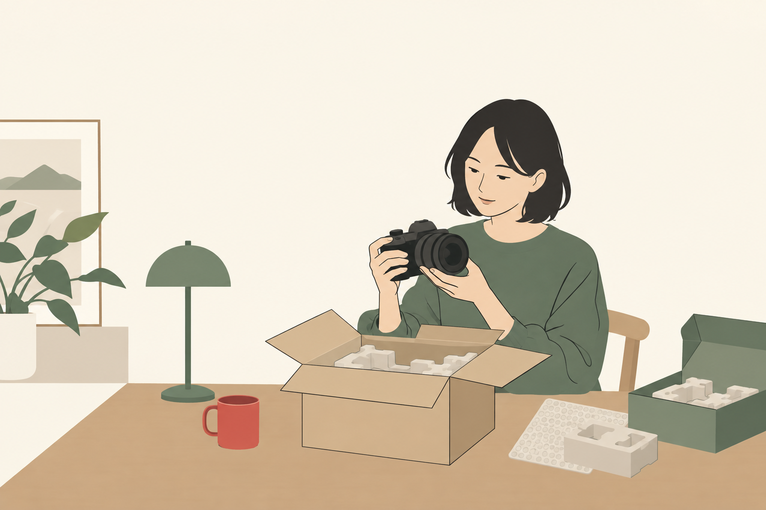 自宅で届いたカメラを確認し返送用の箱を保管する人のイラスト