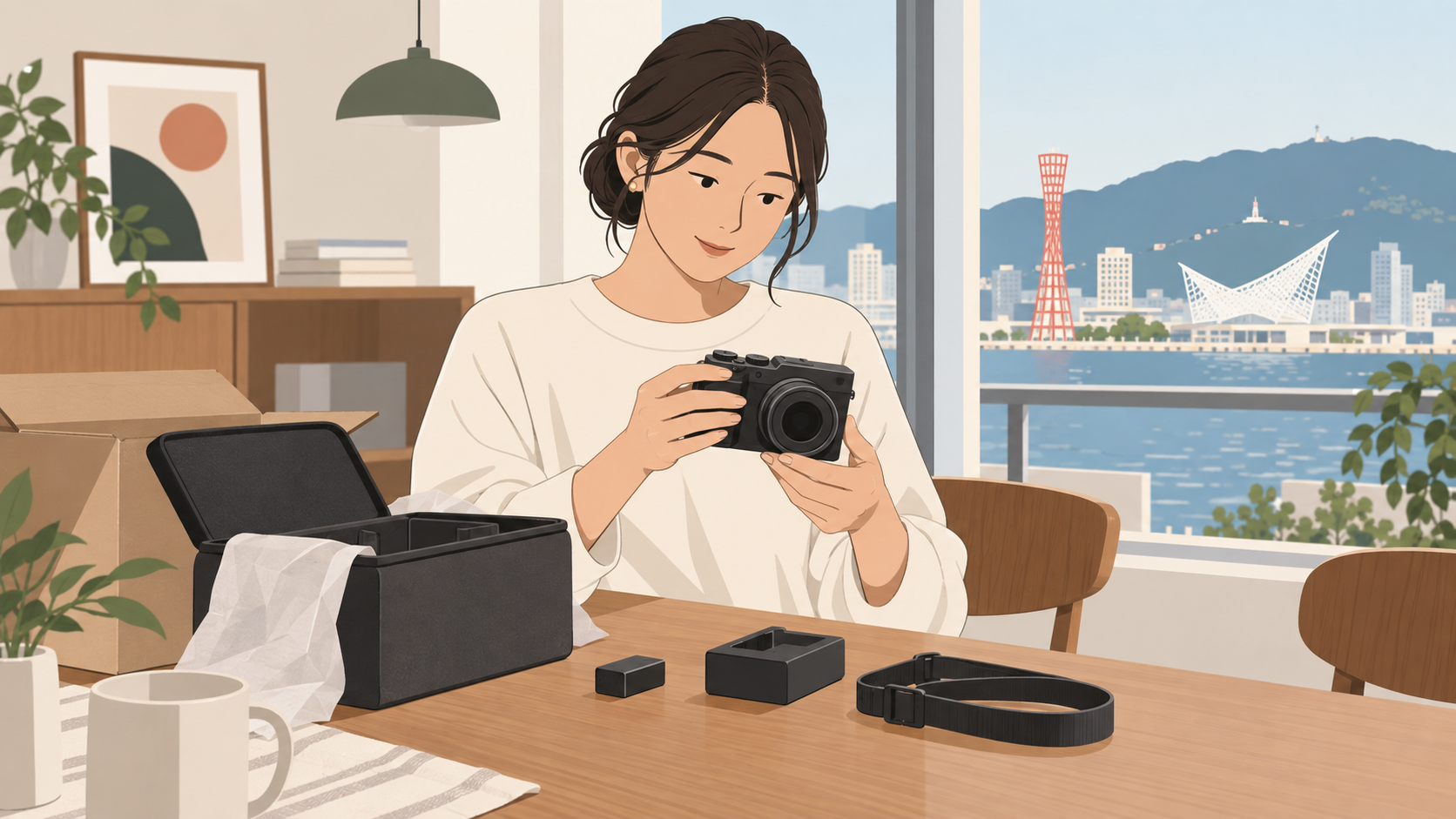 神戸の自宅に届いたカメラと付属品を確認する人のイラスト