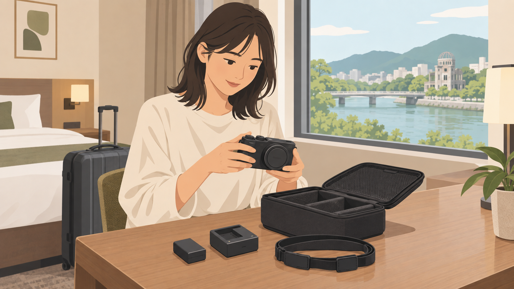 広島の宿泊先に届いたカメラと付属品を確認する人のイラスト