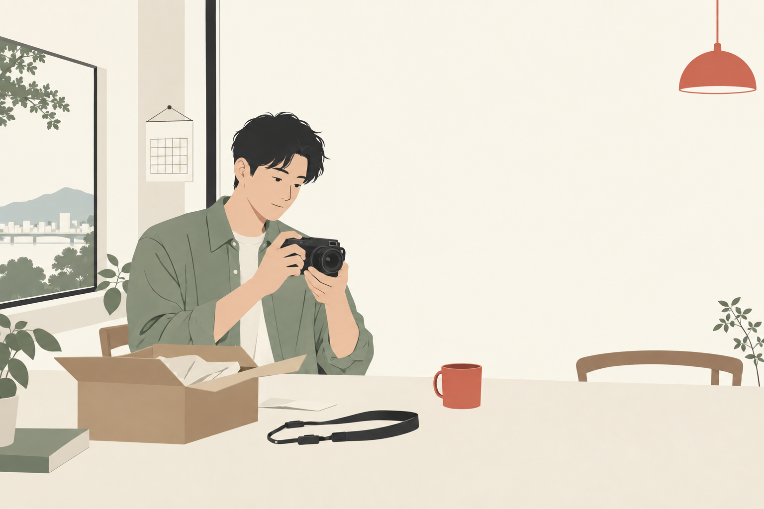 撮影日前に自宅でカメラの動作を確かめる人のイラスト