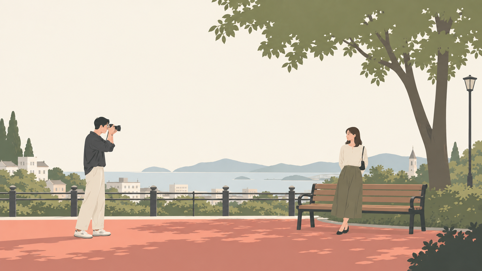 小型ミラーレスで日常の公園を撮るイラスト
