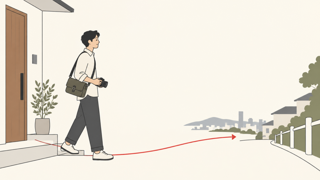 小さなカメラとバッグを持って出かける人のイラスト