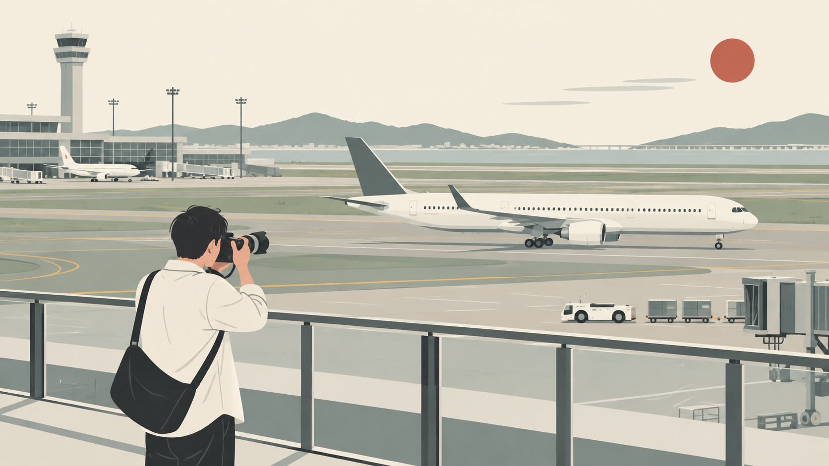 展望デッキから望遠レンズで旅客機を撮るイラスト