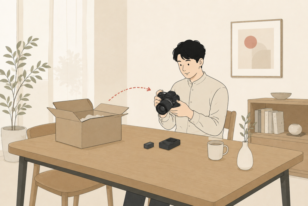 届いた箱の横でレンタルしたカメラを確認する人