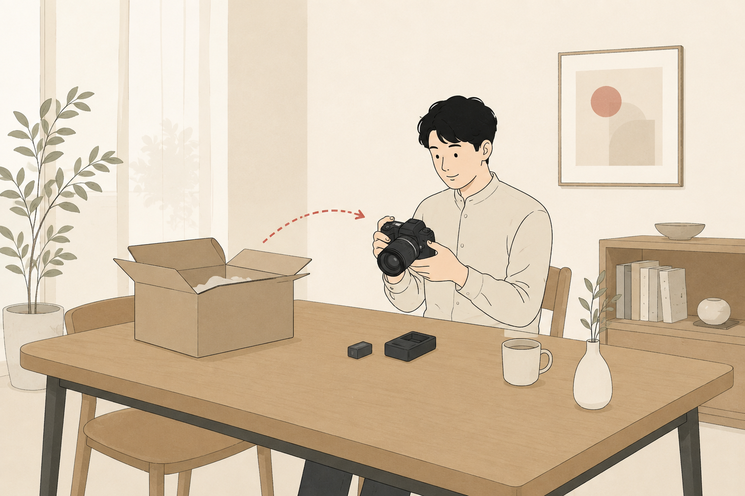 届いた箱の横でレンタルしたカメラを確認する人