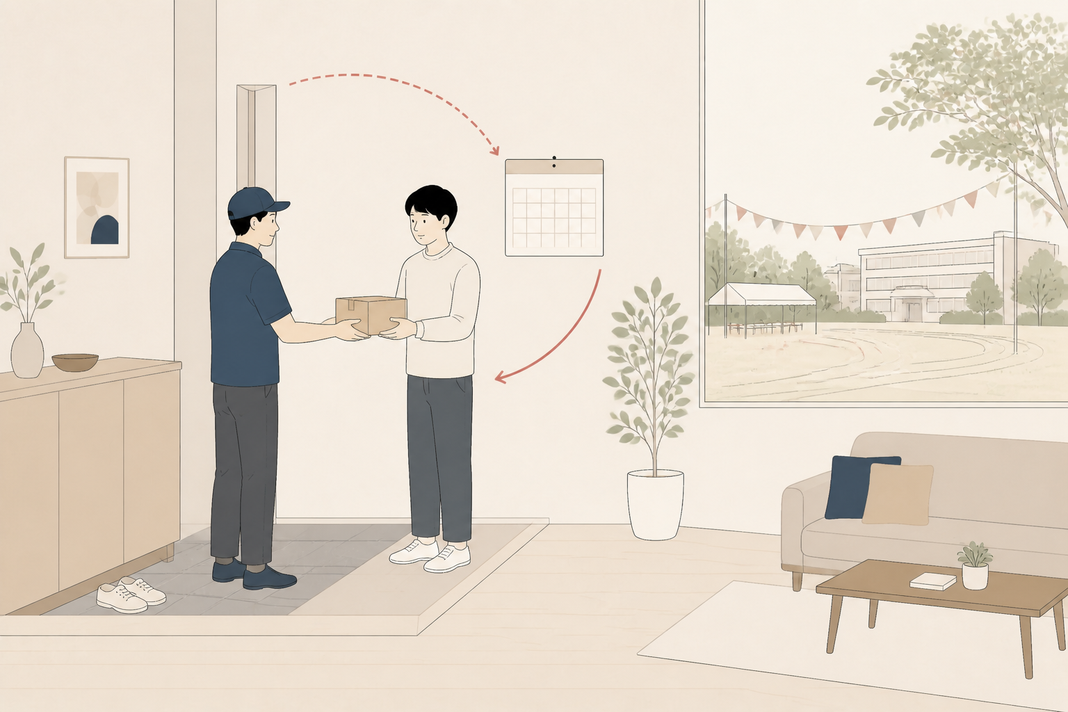 運動会前日に届いたカメラレンタルの荷物を受け取るイラスト