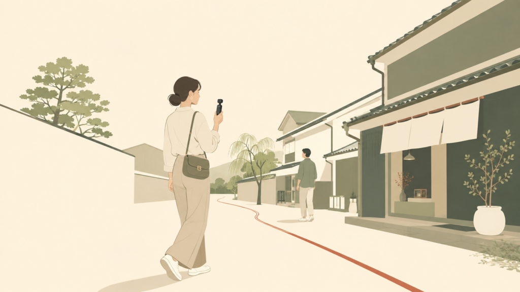 街歩きで小型ジンバルカメラを使う人のイラスト