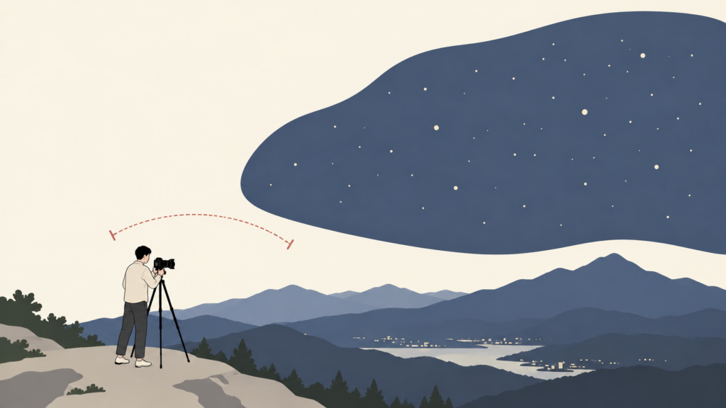 星空と地上の風景を三脚に固定したカメラで撮るイラスト