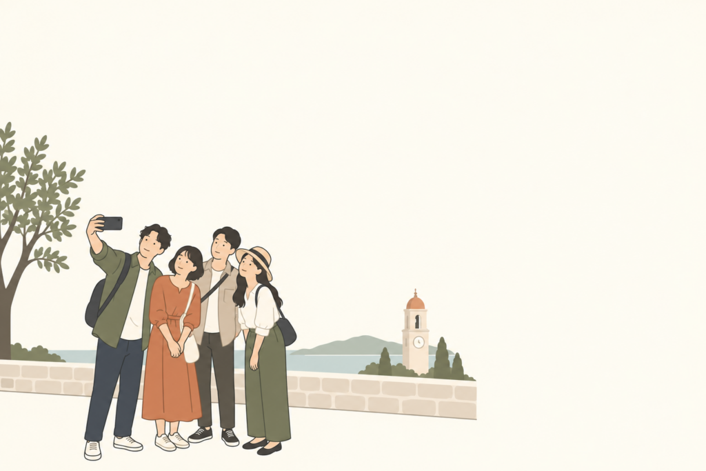 旅行先の広場で4人全員がスマホの集合写真に入るイラスト