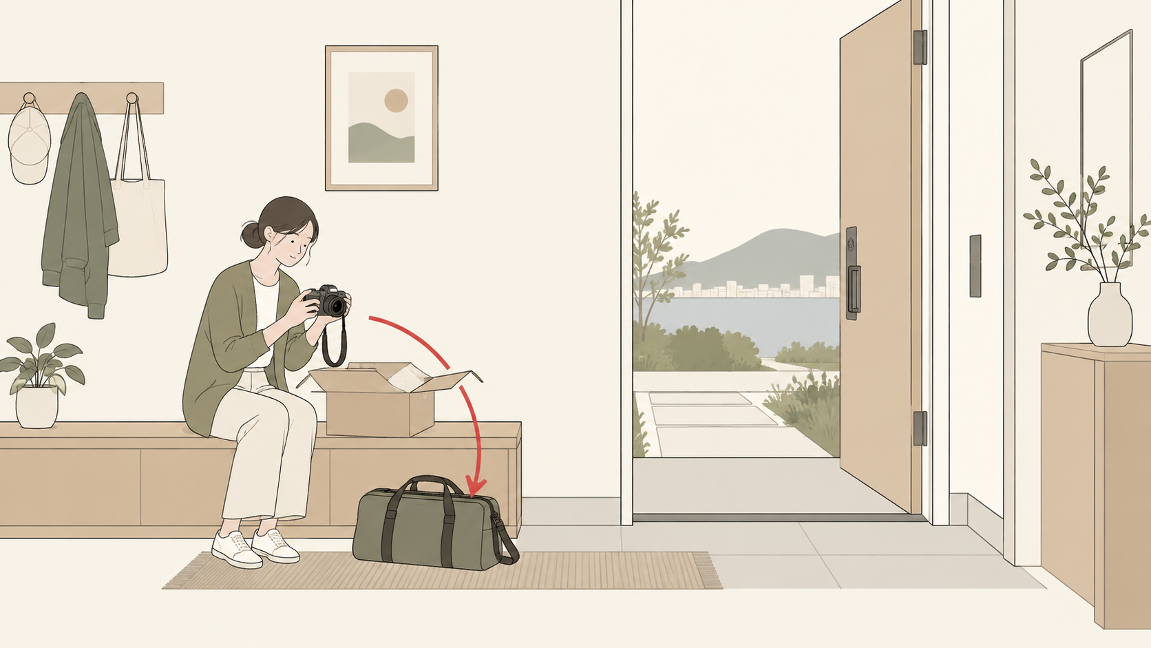 旅行前に自宅で届いたカメラを確認するイラスト