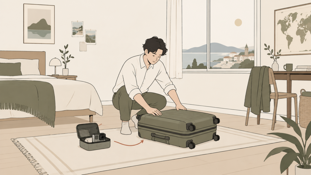 スーツケースと小型カメラで旅支度をするイラスト
