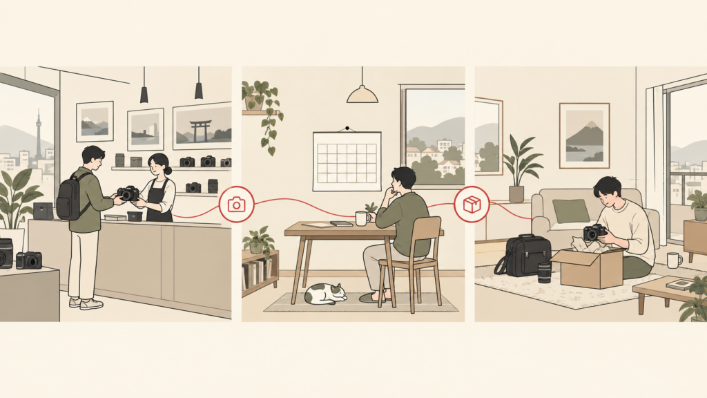 受取方法と予定に合わせてカメラレンタル3社を比較するイラスト