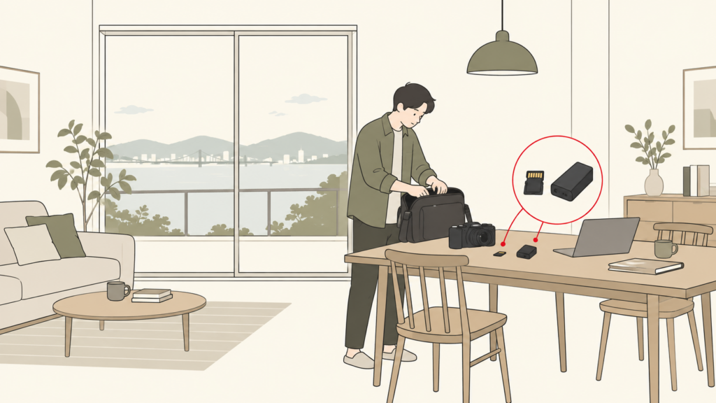 レンタルカメラとSDカードや予備電池を出発前に確認するイラスト