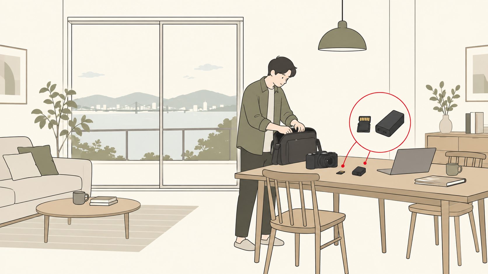 レンタルカメラとSDカードや予備電池を出発前に確認するイラスト