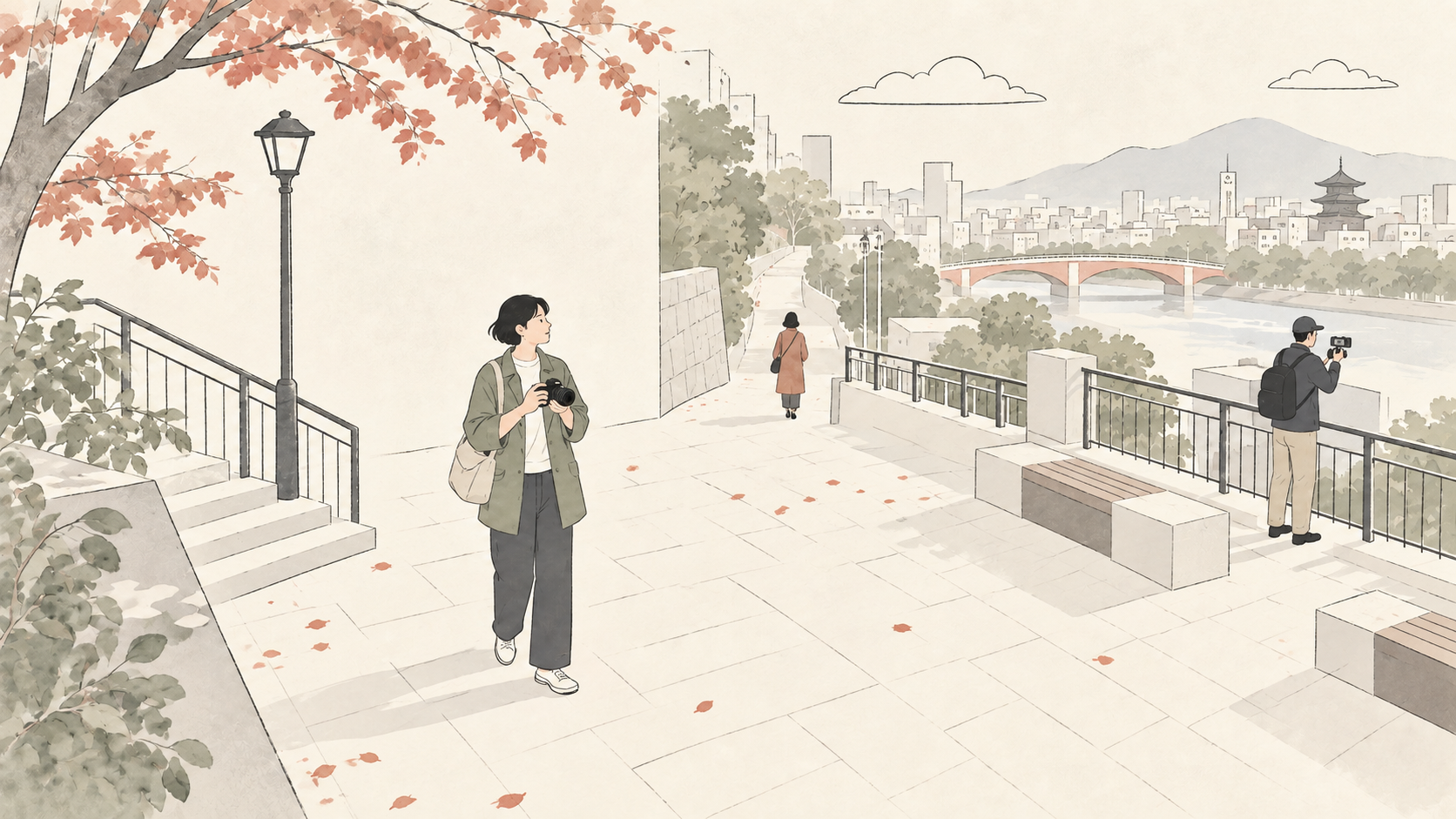 LUMIX Gのカメラを選ぶ人の淡い線画イラスト