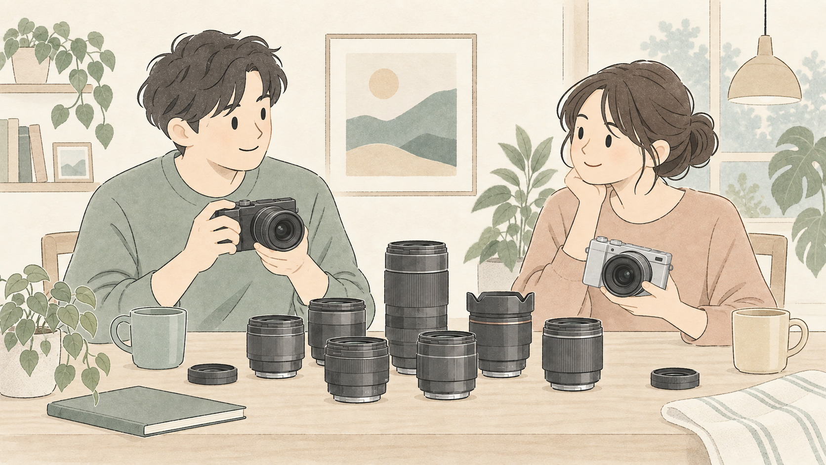 二人がカメラとレンズの組み合わせを考える淡い線画イラスト