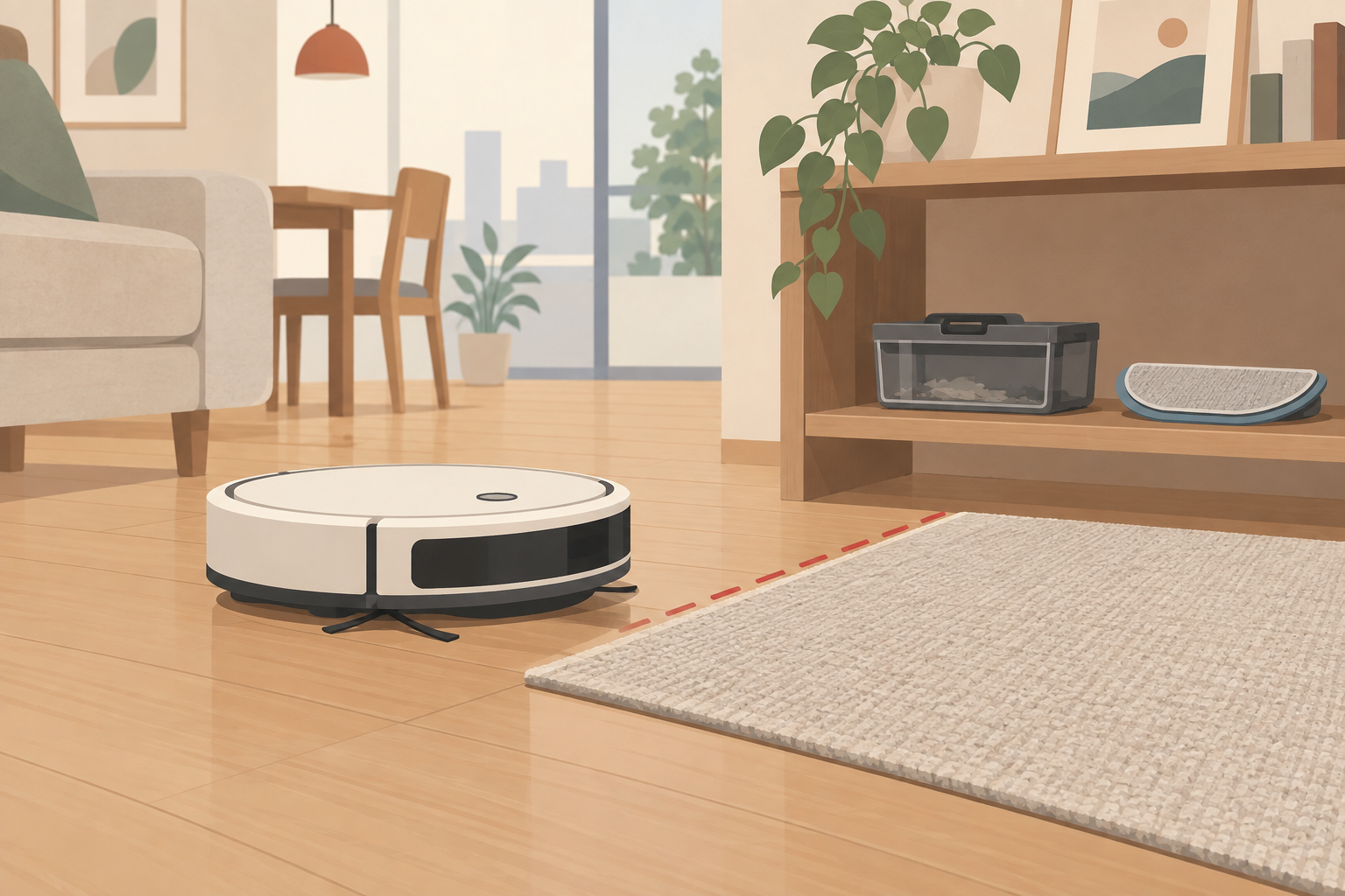 フローリングとラグの境目に近づくロボット掃除機