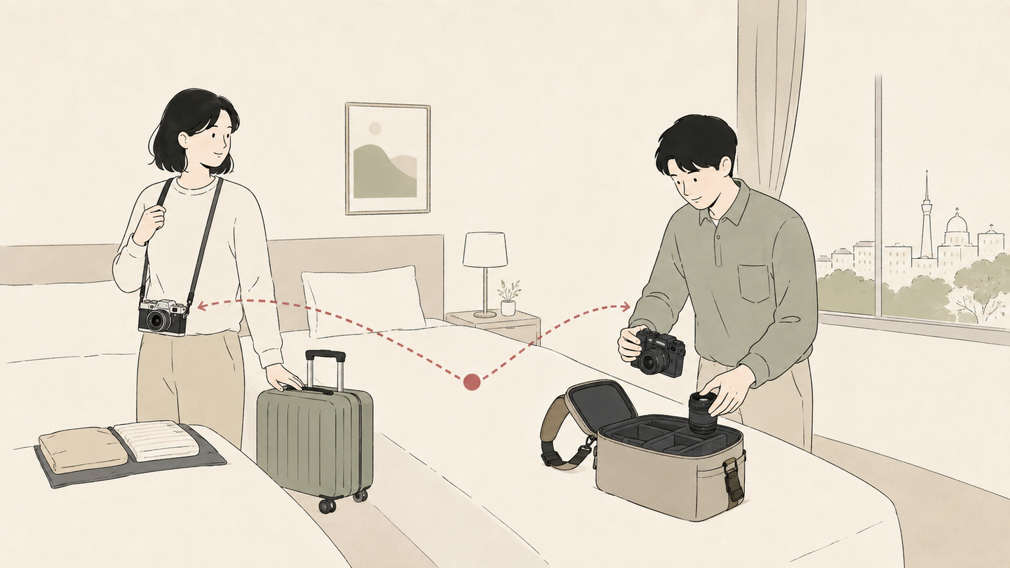 旅行用FUJIFILMカメラを固定レンズと交換レンズで選ぶイラスト