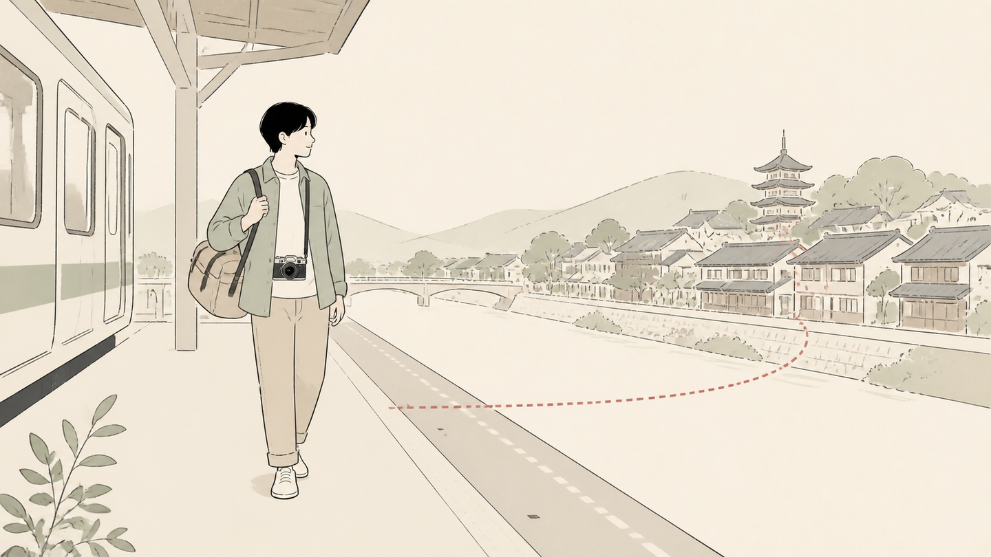 旅先でFUJIFILMの小型カメラを携える旅行者のイラスト