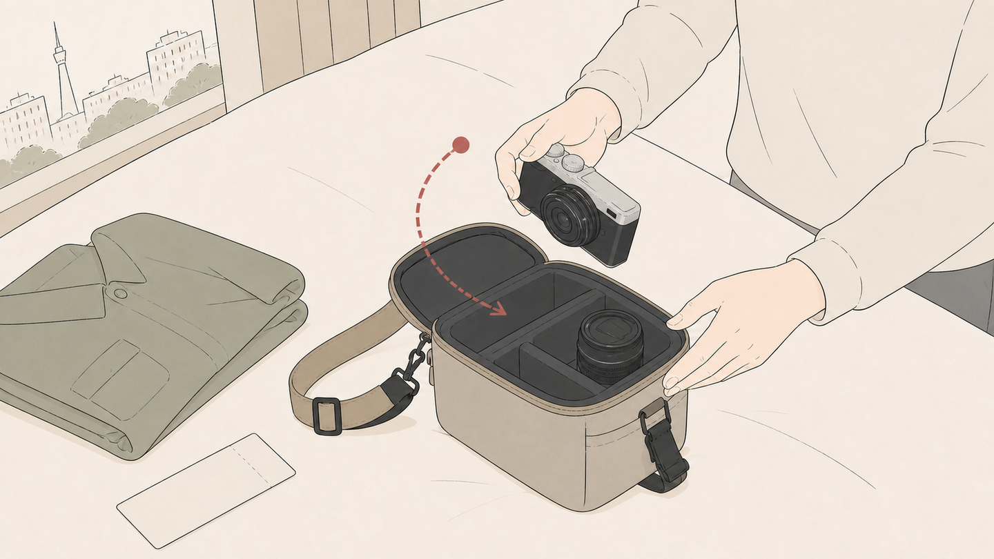 パンケーキ単焦点と標準ズームを小型バッグにまとめるイラスト