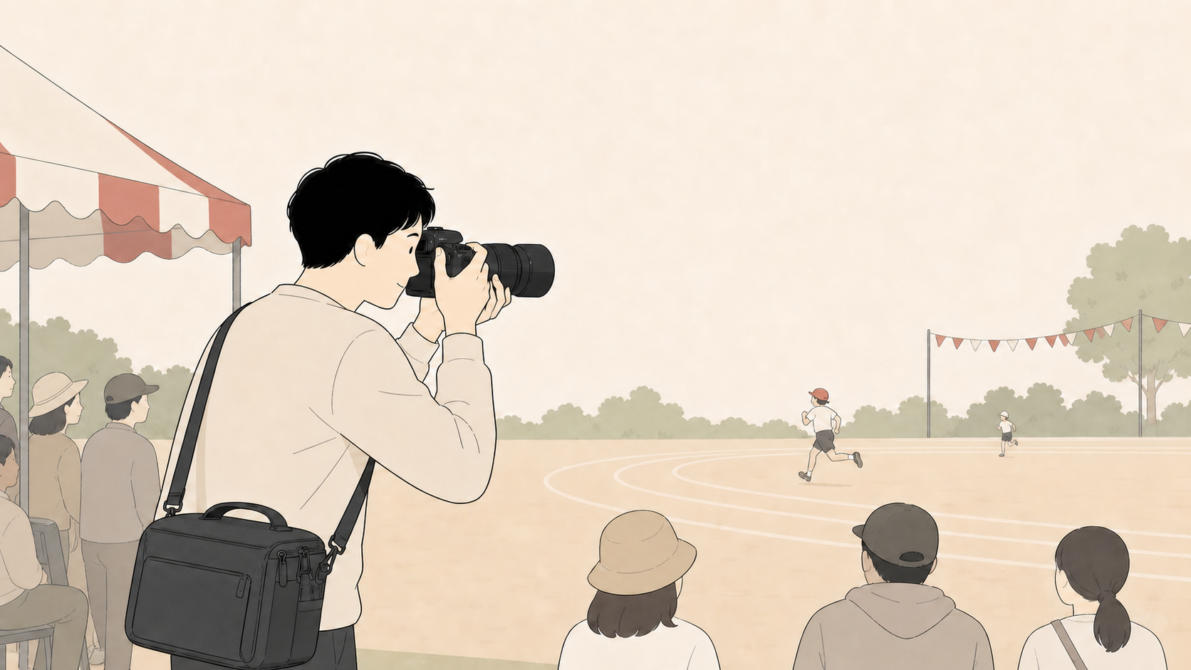 運動会で望遠レンズ付きカメラを使う様子