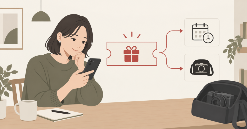 GOOPASSのクーポンとキャンペーンの期限・条件をスマートフォンで確認する女性