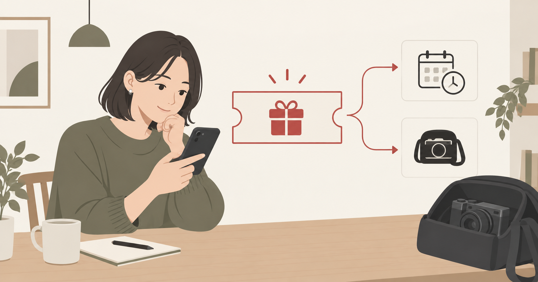 GOOPASSのクーポンとキャンペーンの期限・条件をスマートフォンで確認する女性