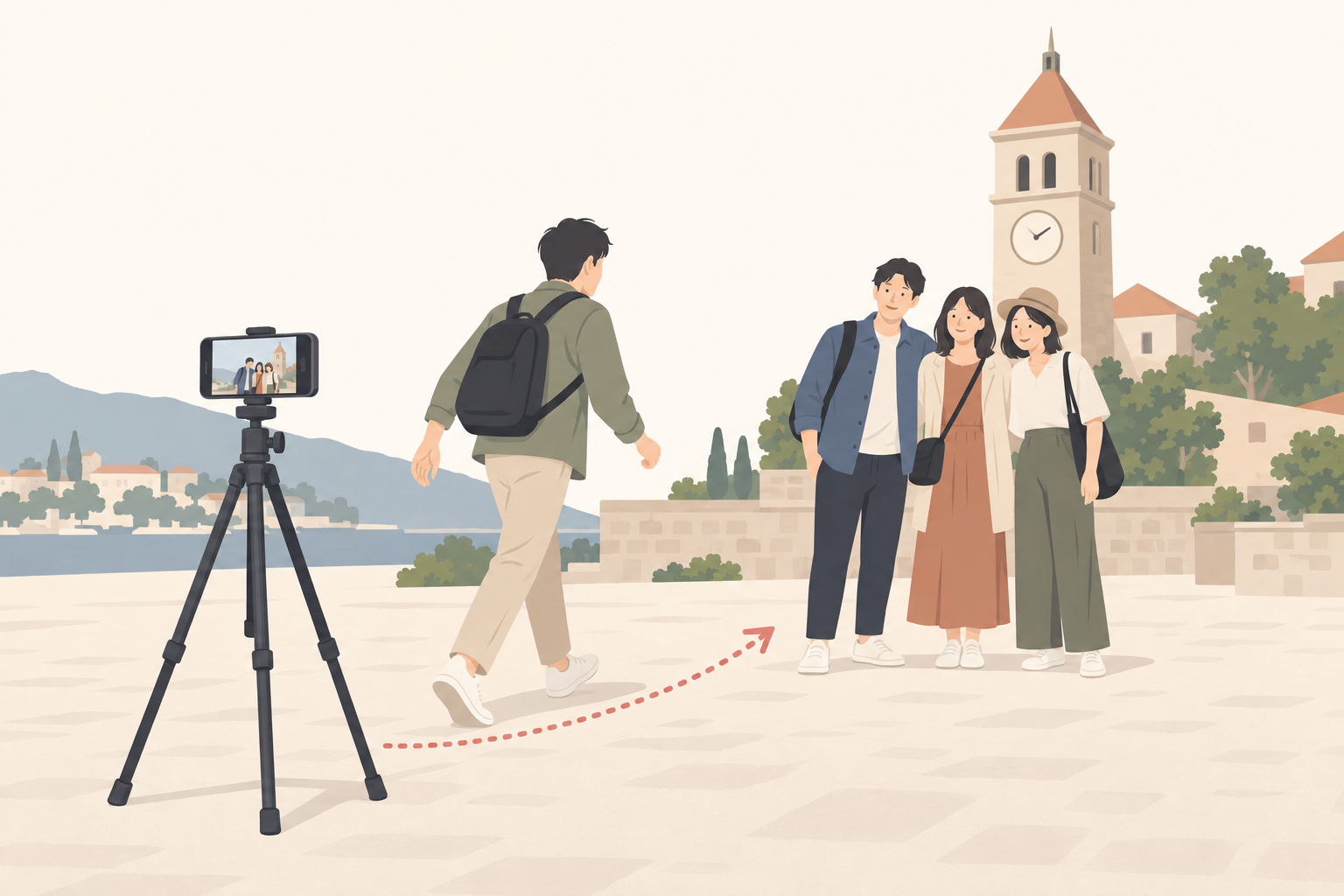 三脚のスマホでタイマーをセットし撮影係が3人へ合流するイラスト