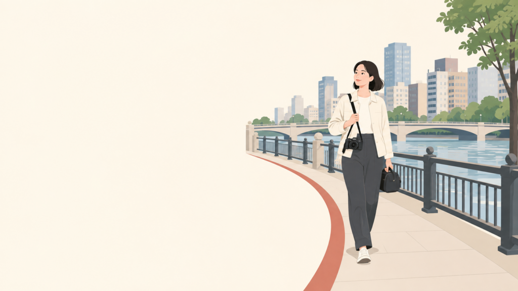 カメラを携えて大阪の街へ撮影に出かける人のイラスト