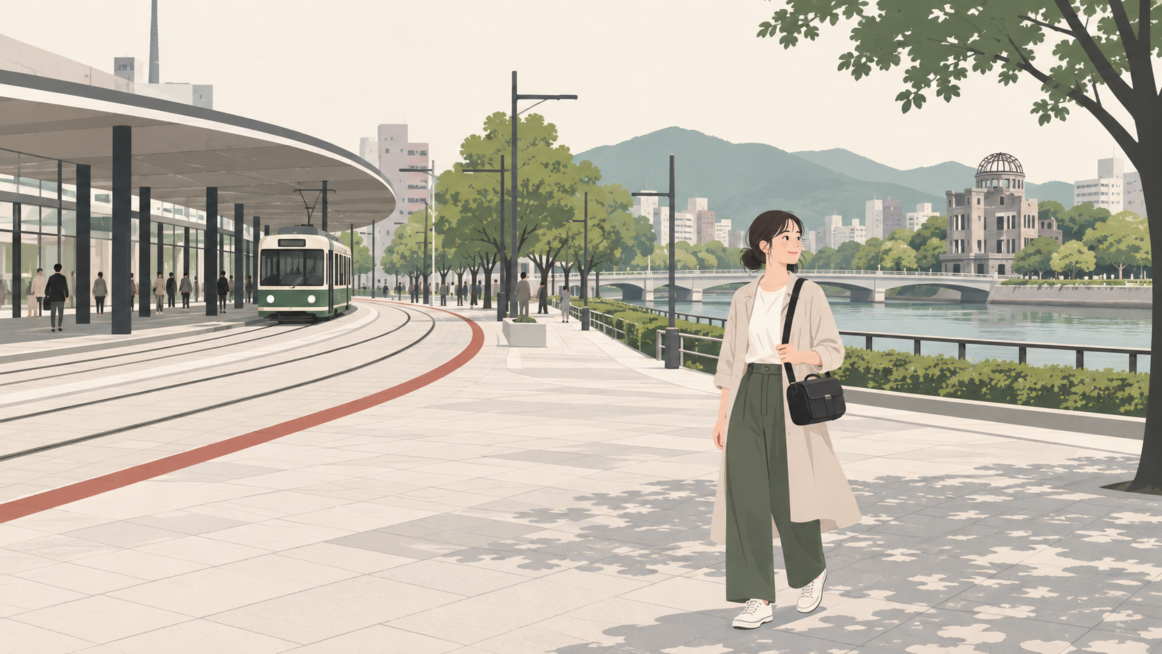 広島の駅前広場でカメラバッグを持って撮影に向かう成人のイラスト