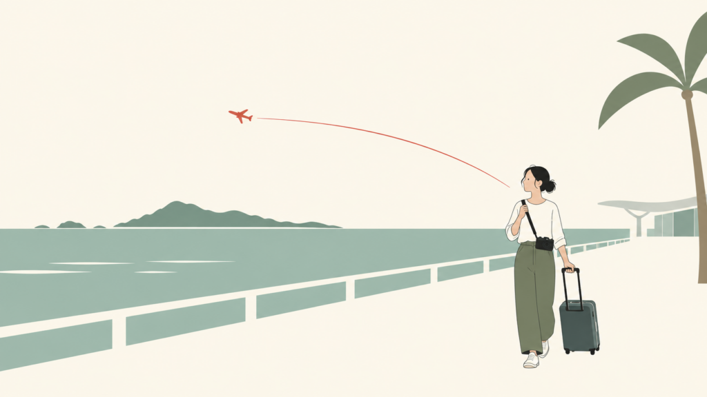 空港と海を背景にカメラと旅行かばんを持つ沖縄の旅行者のイラスト