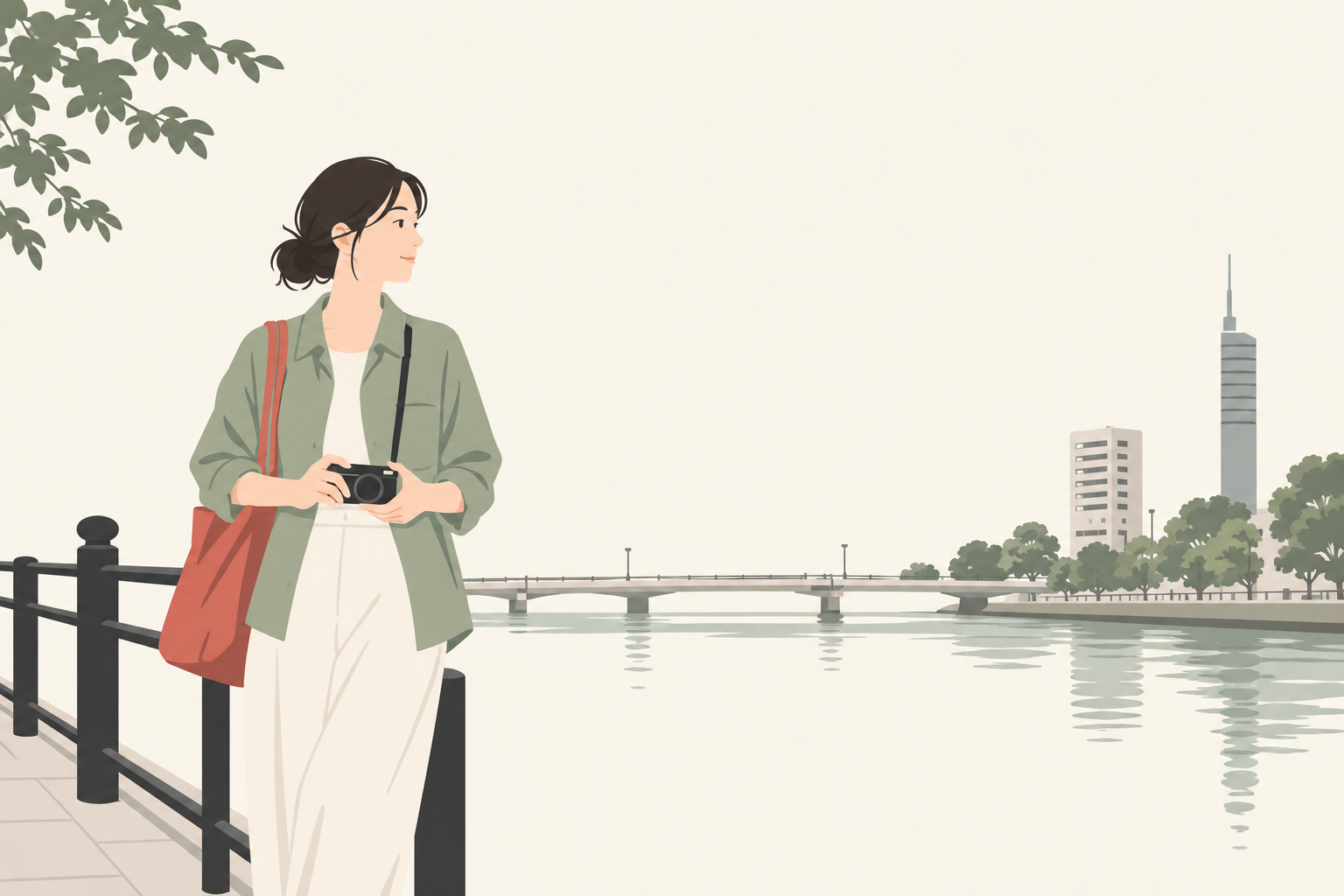 福岡の川沿いでカメラバッグを持つ成人のイラスト